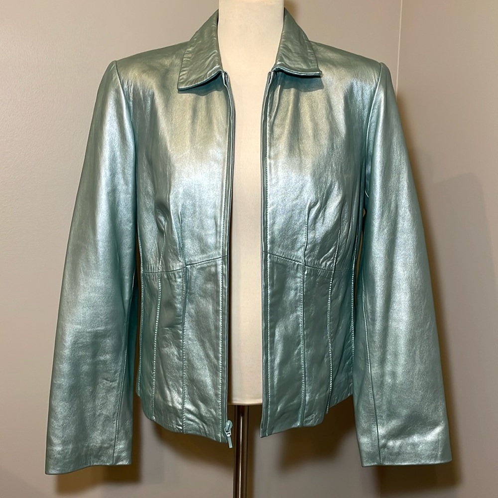 Metallic Aqua Leather Jacket - Women